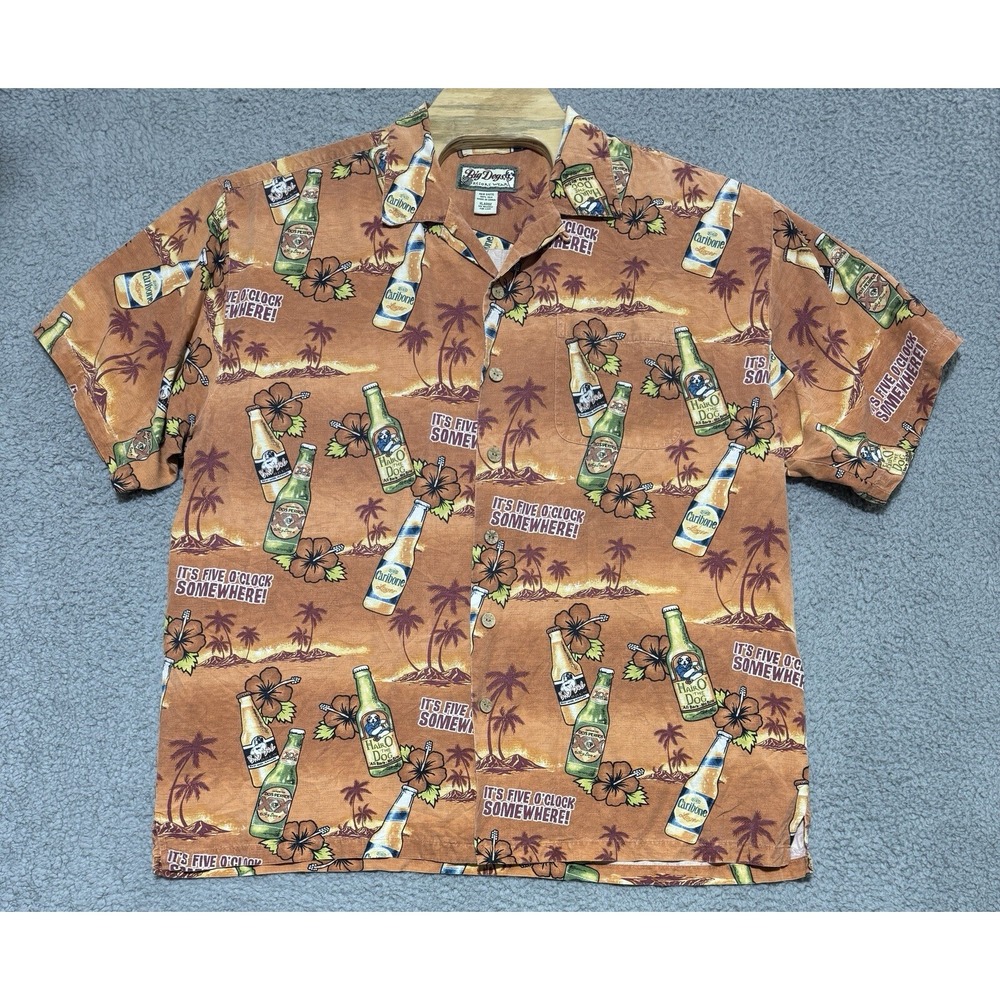 Big Dogs Resort Wear 100% Silk Button Up Shirt All Over Print Mens XL Beer Beach